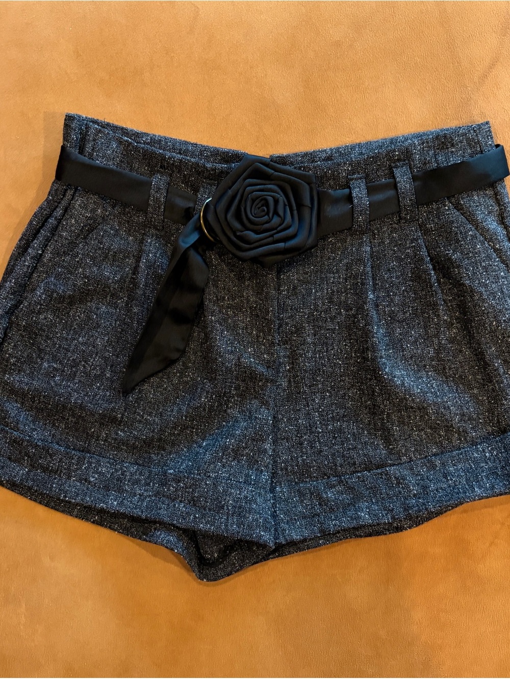 Elle Black Heathered High-Waist Shorts with Rose Belt